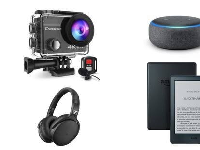 De izquierda a derecha y de abajo arriba: cámara deportiva Crosstour, auriculares Sennheiser HD, altavoz inteligente Amazon Echo Dot y lector electrónico Amazon Kindle