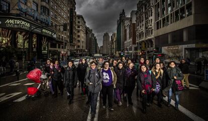 Organizadoras de la huelga del 8 de marzo, en la Gran Vía en Madrid.