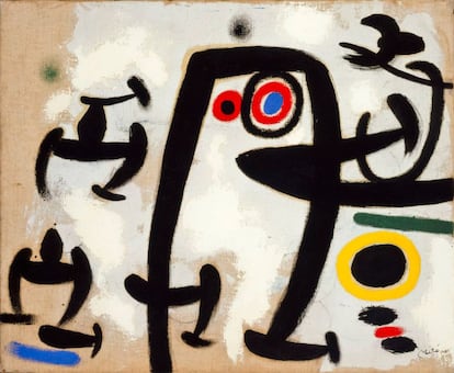 'Femmes et oiseaux' (dones i ocells), de Joan Miró, 1969. Oli sobre llenç. 50 x 61 cm.