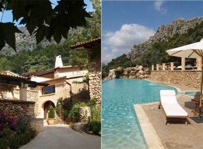 Un camino interior del recinto de Es Ratxo, en la localidad mallorquina de Puigpunyent, y la piscina del hotel.