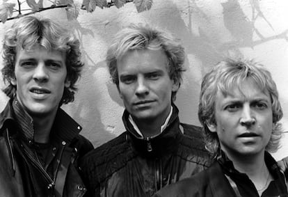 The Police in the early 1980s, posing in London. From left to right, Stewart Copeland (drums), Sting (vocals and bass) and Andy Summers (guitar).