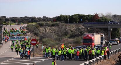 Una veintena de manifestantes se ha separado del grupo que mantenía cortada la A-5 y se ha dirigido a la salida que lleva a la antigua N-V donde mantenían cortados los accesos. "Como te quejes vas con el coche a la cuneta", ha recriminado un agricultor al conductor de un coche que se quejaba por los cortes de tráfico.