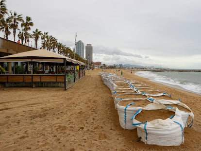 Sacos llenos de arena para proteger la playa de la Barceloneta este domingo.