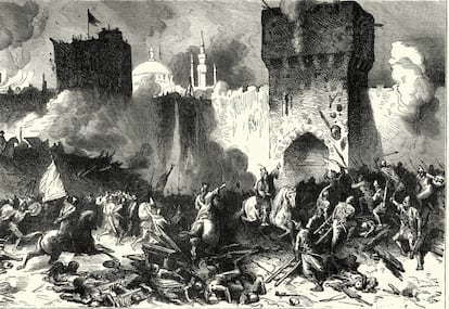 Grabado de sobre la caída de Constantinopla, conquistada por el Imperio Otomano el 29 de mayo de 1453