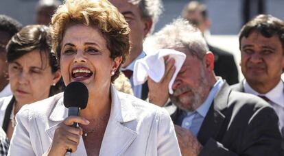 Dilma Rousseff speaks to supporters moments after she was suspended from the presidency.