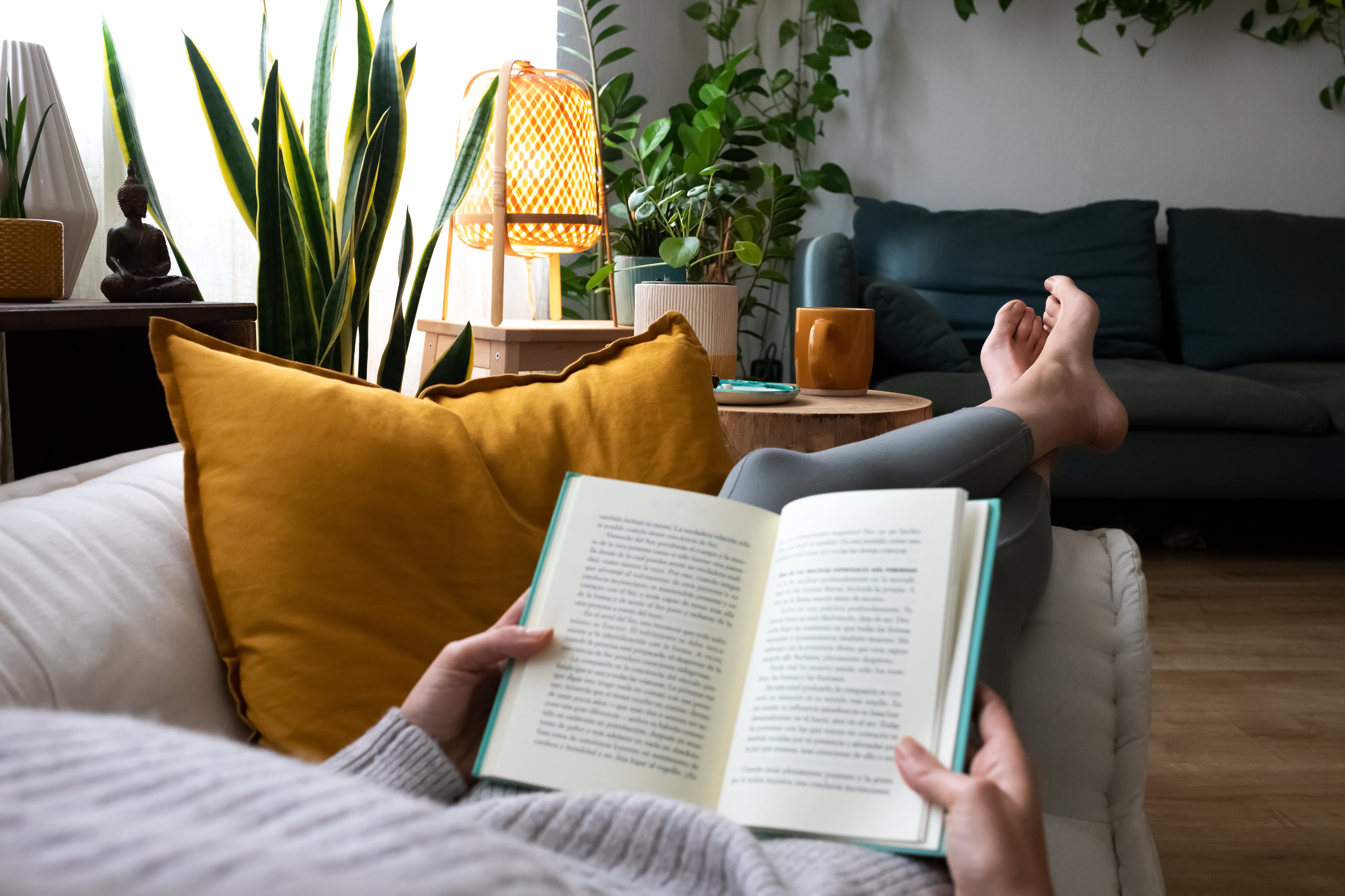 Una mujer se relaja leyendo un libro en el sofá.