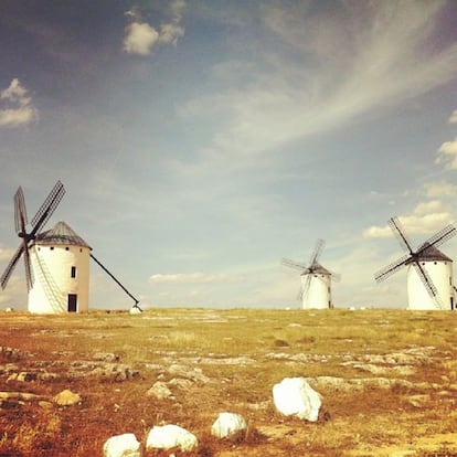 Casi parece que Don Quijote y Sancho Panza fueran a aparecer tras estos molinos de Campo de Criptana.