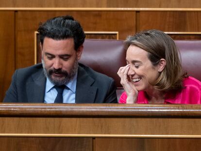 Cuca Gamarra, portavoz del PP, junto al diputado popular Guillermo Mariscal, este jueves en el Congreso.