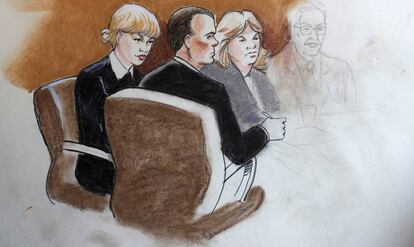 Representación gráfica del juicio. Taylor Swift, junto a su abogado y su madre.