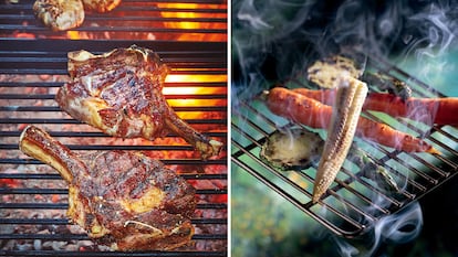 Fotografías pertenecientes a los libros 'Manual de parrilla' (izda.), de Sebastián Manito (NeoPerson Cook) y 'Entre brasas veggie' (dcha.), de Juan Manuel Benayas (Planeta Gastro), con textos de Eva Celada y Alicia Hernández.