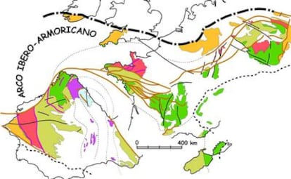 Esquema geológico del occidente de Europa, antes de la apertura del Golfo de Vizcaya.