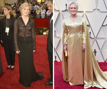 La actriz Glenn Close, en los premios Oscar de 2002 y en los de 2019.