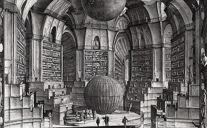 Representación artística de la biblioteca de Babel de Jorge Luis Borges.