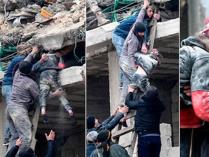 Rescate de una niña de un edificio colapsado en la ciudad siria de Jandaris.