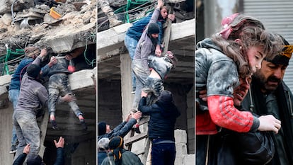 Rescate de una niña de un edificio colapsado en la ciudad siria de Jandaris.