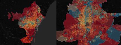 Intensidad de innovación en Barcelona y Madrid, medido por número de profesionales en actividades intensivas en conocimiento. El color rojo intenso es el nivel más bajo, el azul más intenso, el más alto.