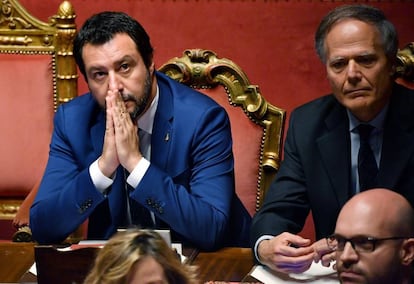 El ministro del Interior y Vicepresidente de Italia, Matteo Salvini, durante el debate de investidura en el Senado.