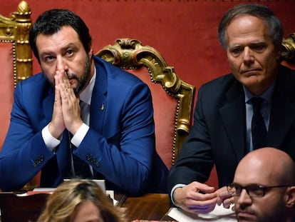 El ministro del Interior y Vicepresidente de Italia, Matteo Salvini, durante el debate de investidura en el Senado.