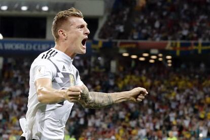 La celebración de Kroos después de marcar el gol de la victoria (2-1) ante Suecia.