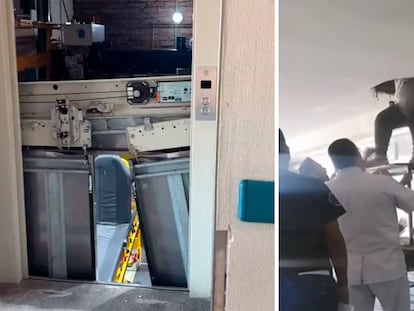 Personas siendo rescatadas del elevador en Guadalajara, este jueves, en imágenes difundidas en redes sociales.