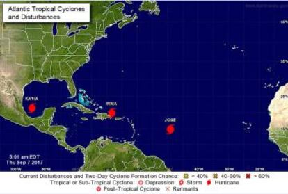 Posicion de los huracanes Katia, Irma y Jose el jueves 7 de septiembre