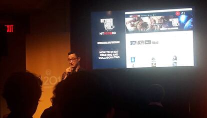 El actor Joseph Gordon-Levitt presentando la participación de su empresa, la comunidad 'online' de artistas Hitrecord, en 'Beyond good & evil 2'.