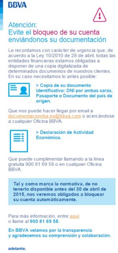 A message from BBVA bank warning about the possibility of blocked accounts.