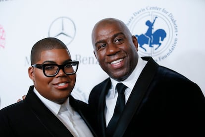 Honoree, former NBA basketball player Earvin Magic Johnson, and son Earvin III Johnson pose at The Mercedes-Benz Carousel of Hope Ball to benefit the Barbara Davis Center for Diabetes in Beverly Hills