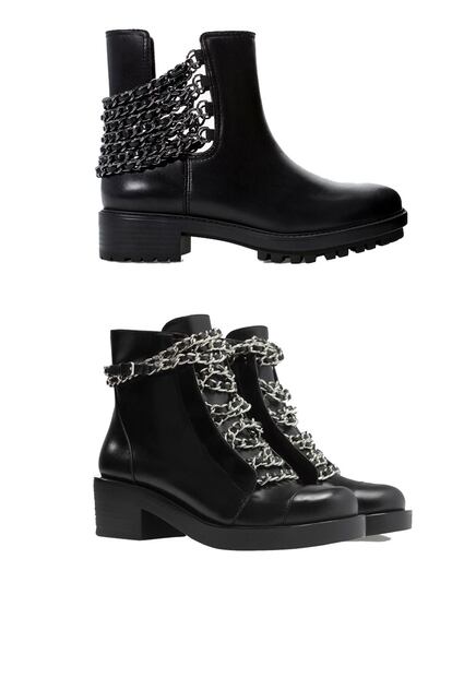 Este año Zara nos vuelve a traer las botas llenas de cadenas inspirandas en las de la marca francesa. El modelo de arriba cuesta 69,95 euros y el de abajo 79,95.