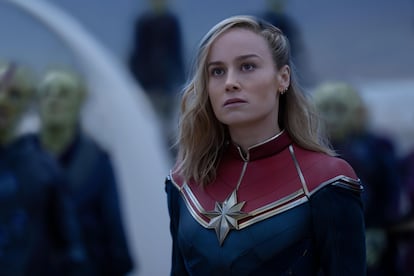 Brie Larson as Captain Marvel, one of the three protagonists of 'The Marvels' (2023) in a still from the movie.