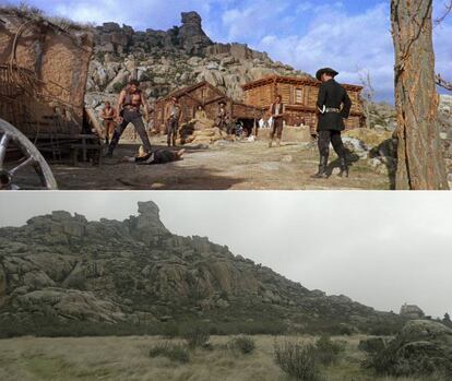 Arriba, fotograma de 'El halcón y la presa', filmada en La Pedriza; abajo, el mismo lugar en la actualidad.