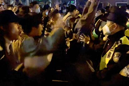 A still of the video from the Shanghai protests on Saturday.