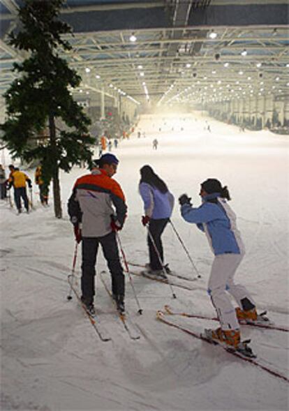 Un grupo de esquiadores en la pista del parque de nieve Madrid Xanadú.