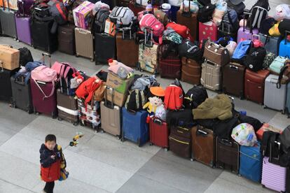 Bolsas y maletas colocadas en fila en la estación de tren de Shenyang del Norte (China), el 31 de enero de 2018.