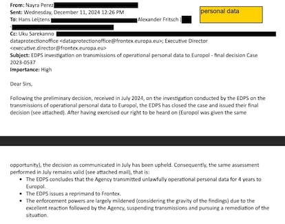 Excerpt from an email sent from the Frontex Data Protection Office to the agency's Director General, Hans Leijtens, reporting that the European Data Protection Supervisor (EDPS) concludes that Frontex