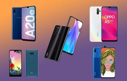 Los modelos analizados: Samsung Galaxy A20e y LG K50S, a la izquierda; Xiaomi Redmi Note 8T, en el centro; Oppo A5 2020 y Huawei P Smart Z, a la derecha.