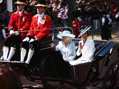 Britain's Catherine, Duchess of Cambridge and Camilla, Duchess of Cornwall ride in a carriage during the Trooping the Colour parade in celebration of Britain's Queen Elizabeth's Platinum Jubilee, in London, Britain June 2, 2022. REUTERS/Henry Nicholls