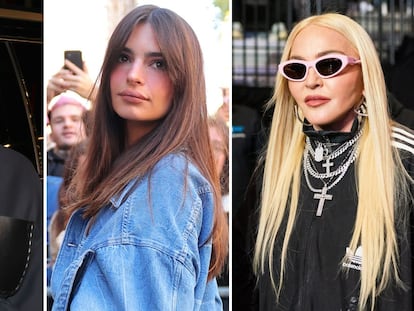 De izquierda a derecha, la actriz Shay Mitchell, la actriz y modelo Emily Ratajkowski y la cantante Madonna, fotografiadas en 2022.