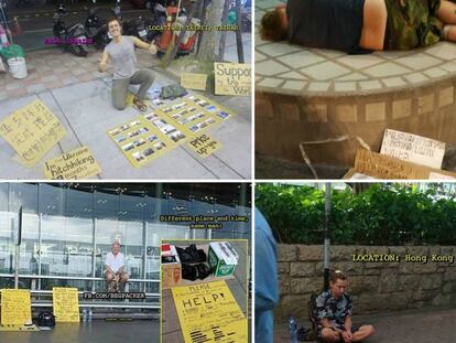 Varios mochileros piden en la calle para financiar su viaje.