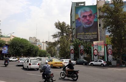 A poster bearing the image of Hamas' new political leader, Yahya Sinwar, in Tehran.