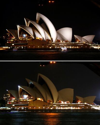 Combo de dos imágenes de la Ópera de Sídney, antes y después de apagar las luces.