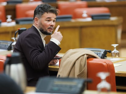 El portavoz de ERC, Gabriel Rufián, durante una reunión de la Junta de Portavoces, este martes en el Congreso.