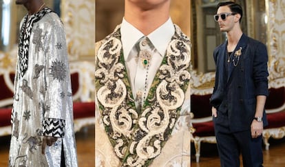 Tres instantes del desfile de Alta Sartoria presentado digitalmente por Dolce & Gabbana el 4 de julio de 2020.