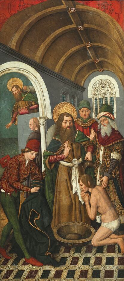 'Santiago el Mayor bautizando al mágico Hermógenes, pintado entre 1480 y 1490, procedente, posiblemente, de la colegiata de Santa Maria del Pilar de Zaragoza. 