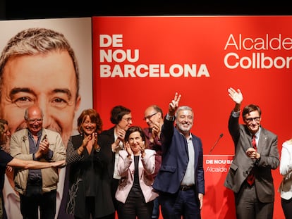 De izquierda a derecha, Lluis Rabell, Laia Bonet (candidatos), la ministra Margarita Robles, Jaume Collboni, Salvador Illa y Maria Eugènia Gay en el mitin del día 12 en Barcelona.