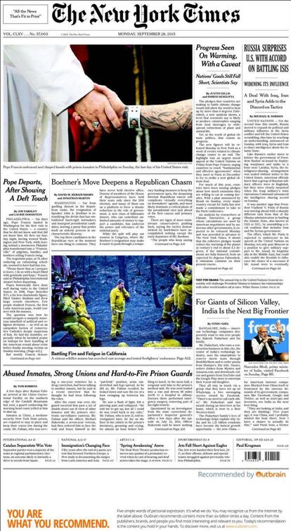 En su portada nacional, 'The New York Times' también se acuerda de la noticia. Un pequeño sumario en la esquina inferior izquierda de su primera página informa de que "los separatistas catalanes ganan la elección".
