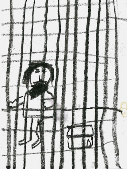 Mohammad, de 15 años, vivía en el mismo lugar hasta que estalló la violencia. El protagonista del dibujo es su tío, que ha estado en prisión por tres años. “Nunca lo visité, pero mi madre me dijo que es un lugar muy oscuro, así que así es como lo imaginé".