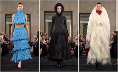 Tres de las propuestas de la nueva colección de Alaïa durante su desfile en la semana de la moda de París.