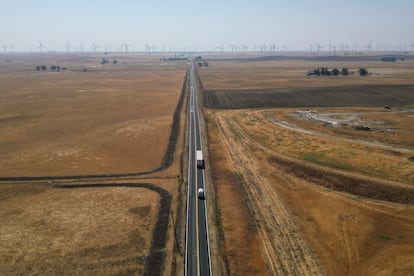 Traffic runs along Highway 113 in rural Solano County, California