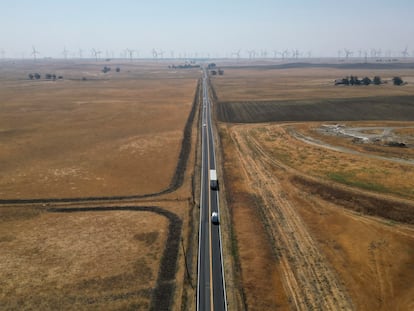 Traffic runs along Highway 113 in rural Solano County, California